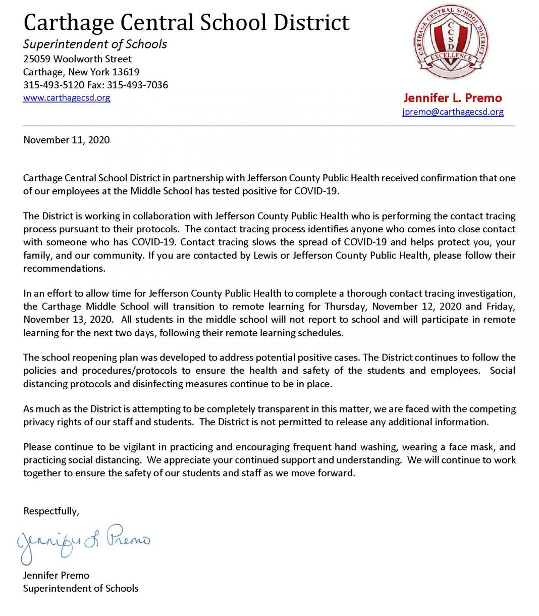 Carthage Middle School moves to remote learning after staff member