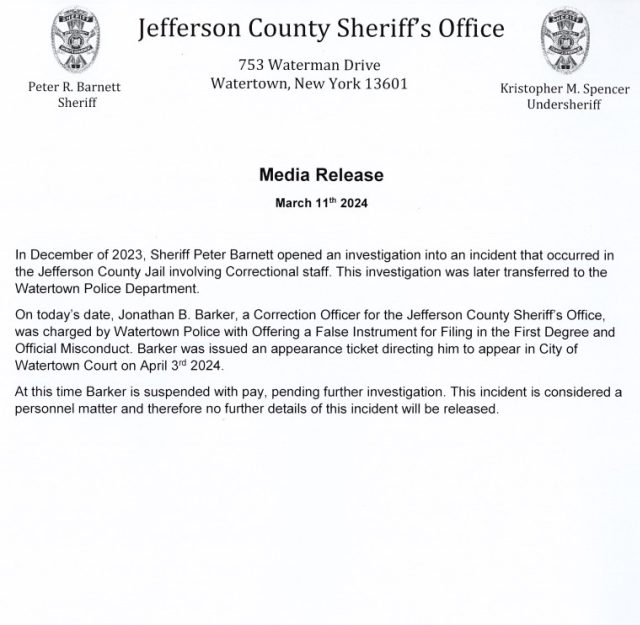Sheriff Barnett: Correction officer arrested by Watertown police ...
