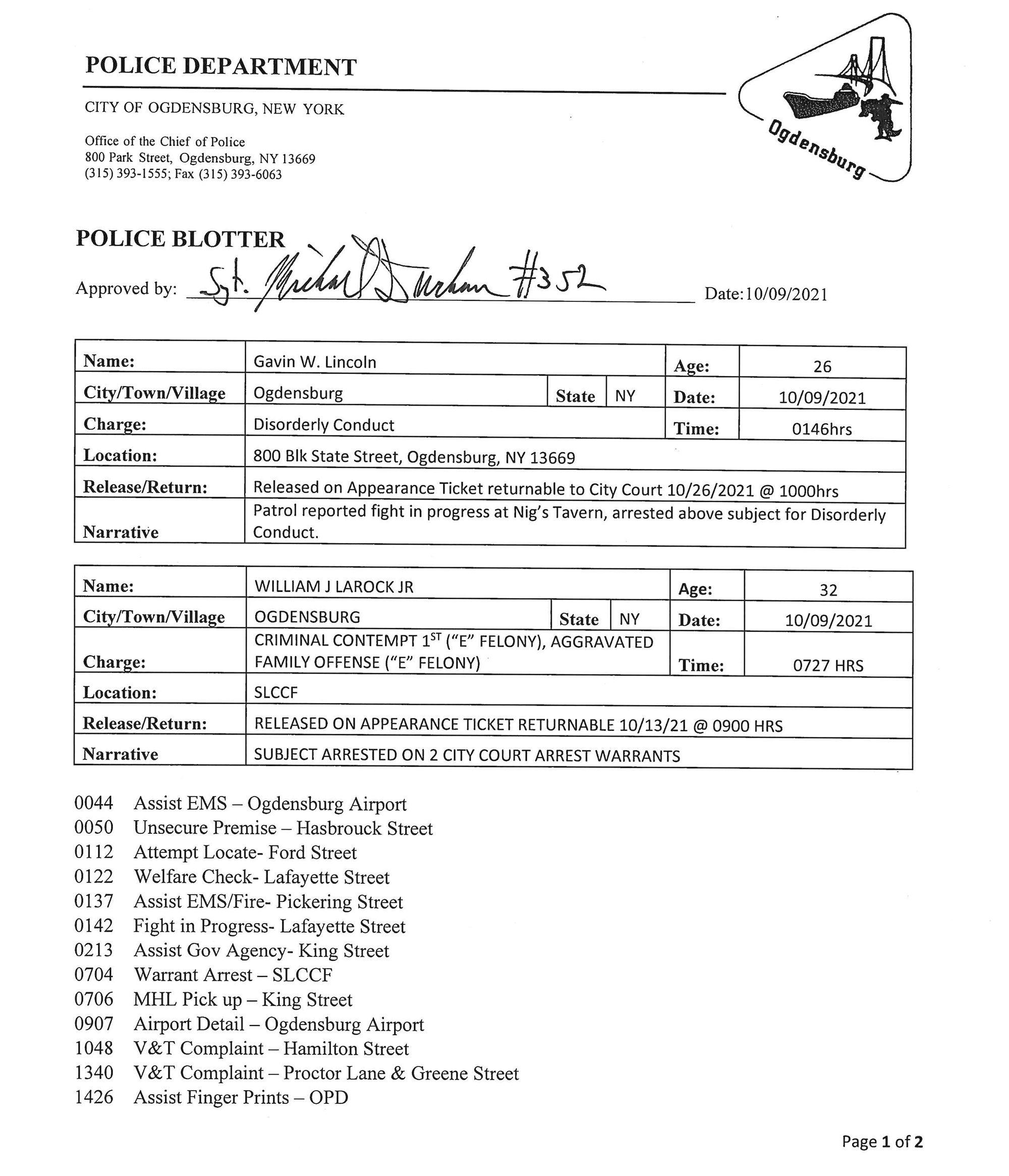 Ogdensburg police blotter Oct. 10 Newzjunky