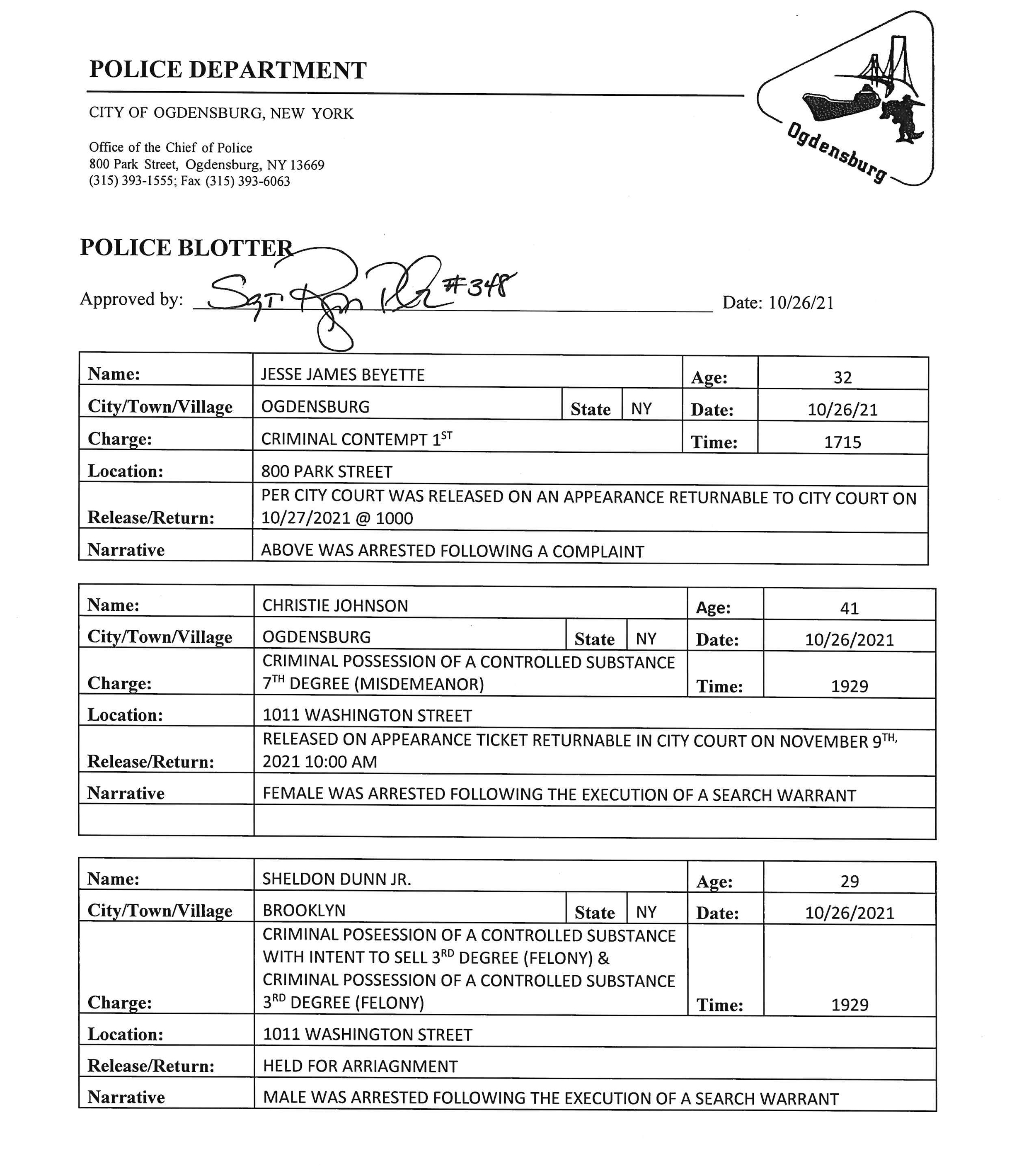 Ogdensburg police blotter Oct. 26 Newzjunky